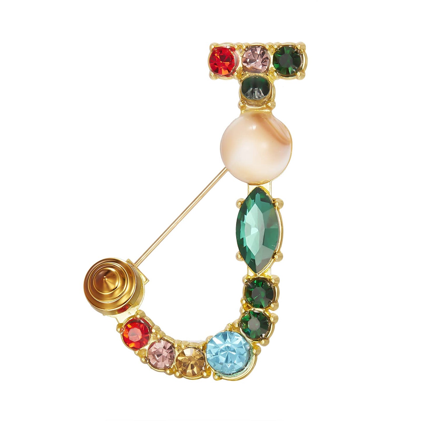 RINHOO Crystal Pearl Initial Brooch Gold Plated Enamel Colorful Letter Alphabet Breastpin Pin Jewelry for GIFTS (Gold J)