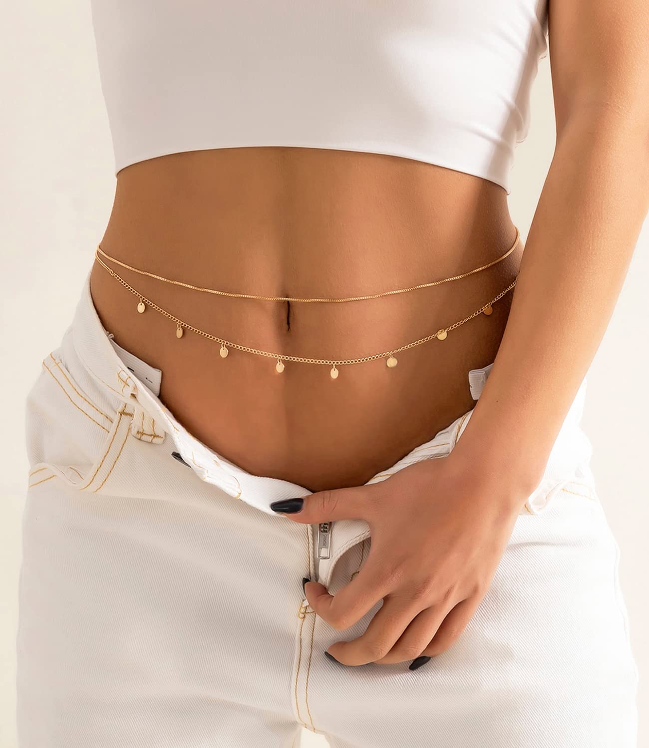 Honsny 2PCS 25-43Inch 18K Gold Plated Waist Chain Minimalist Pearl Belly Body Chain Gold Layered Sexy Bikini Body Chains Waist Jewelry for Women