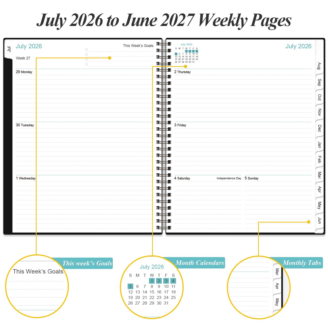 2026-2027 Planner - 8.5" x 11" Weekly Monthly Planner from July 2026 to June 2027 with 12 Monthly Tabs, Inner Pocket, Elastic Closure, Black