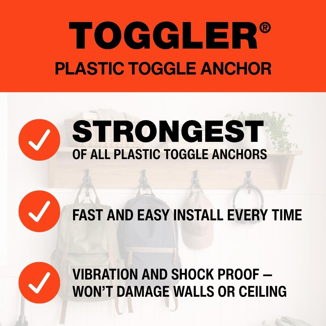 TOGGLER Toggle TA Hollow Door Anchors, Polypropylene Heavy Duty, Fits #8–#12 Screws, 1/8"–1/4" Grip Range, 124 lbs Grip in 1/4" Plywood, Made in USA (Pack of 100 Screws not Included)