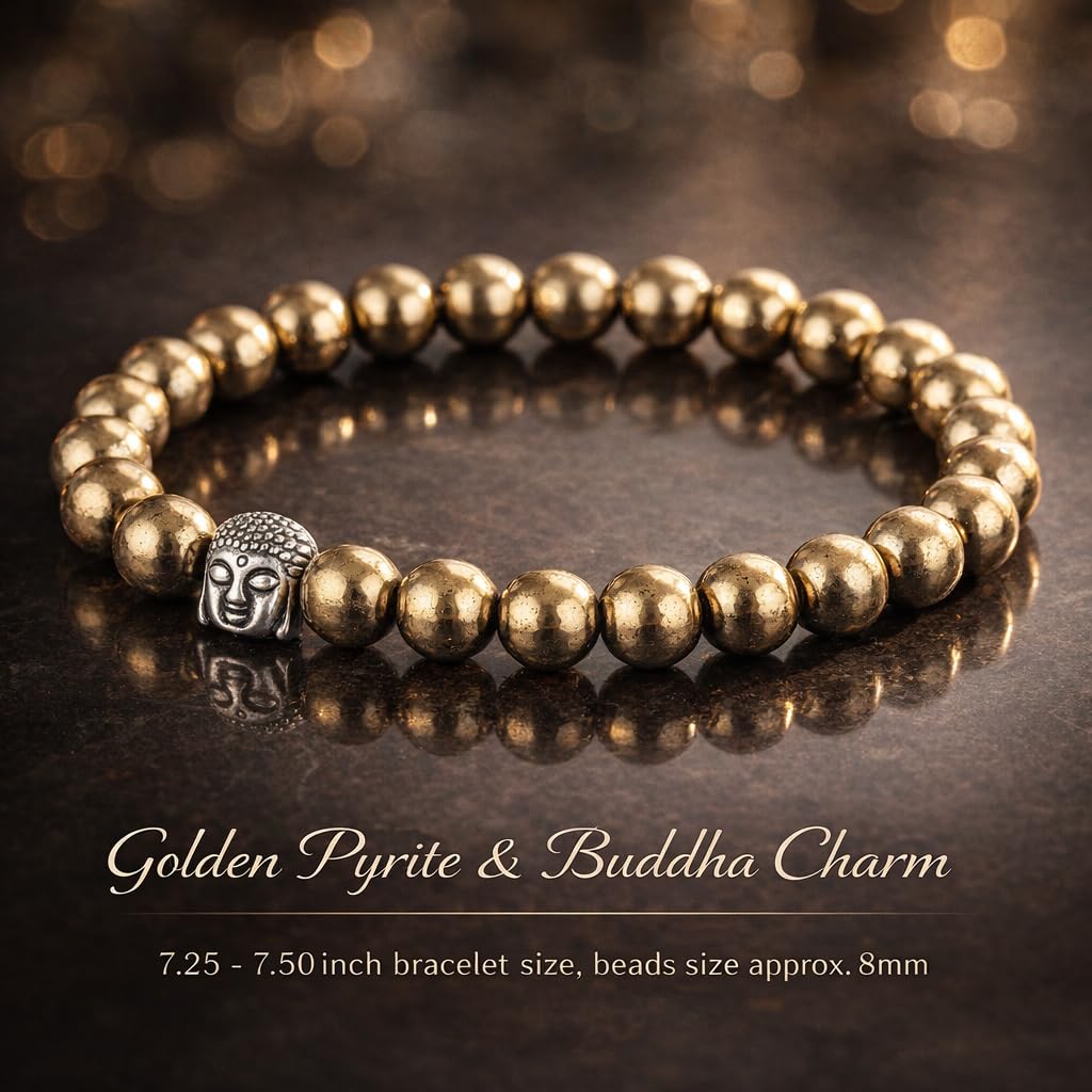 CRYSTALINES Buddha Charm Stretchable Braceclet, Natural Golden Pyrite Gemstone Beads, Plain Round Stones, Handmade Boho Strech Bracelet, Adjustable Spiritual Healing Crystal Unisex Jewelry Gift