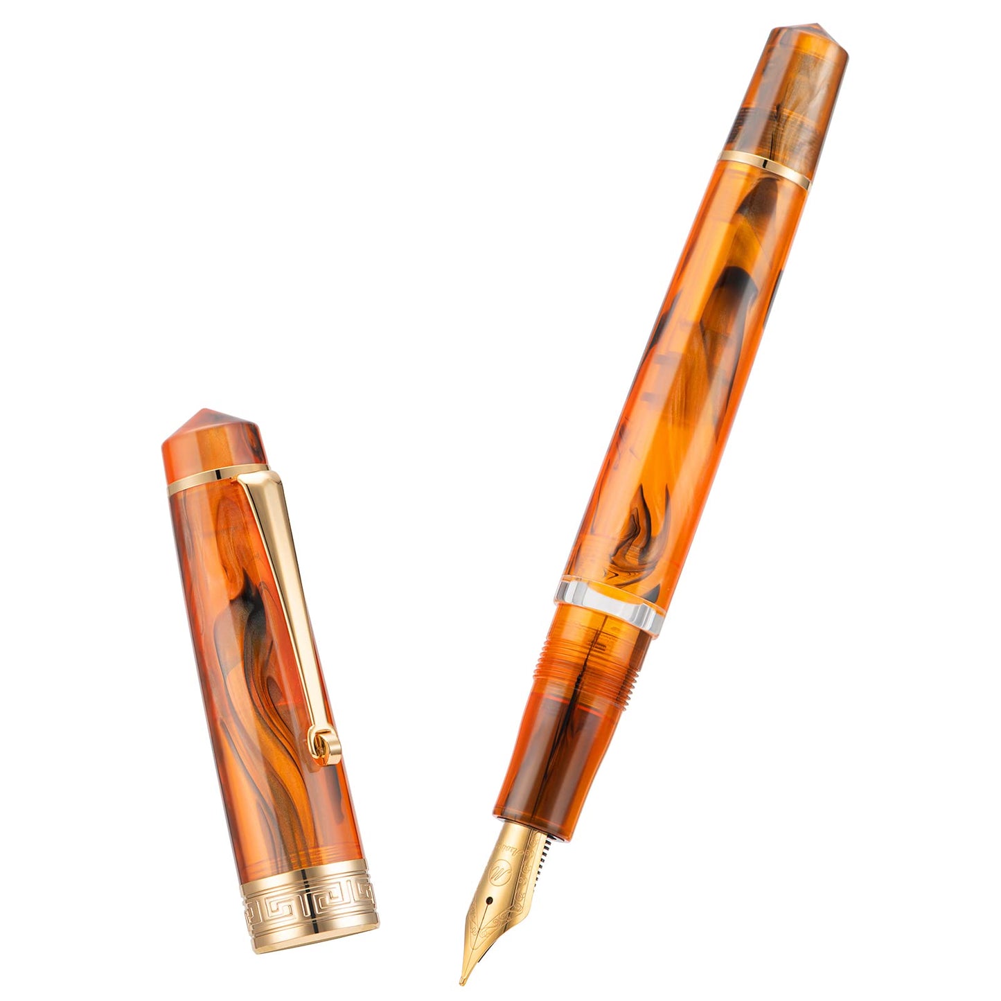 Asvine P20 Piston Fountain Pen Amber Resin, Iridium Extra Fine Nib Gold Trim Smooth Writer Collection with Case Set