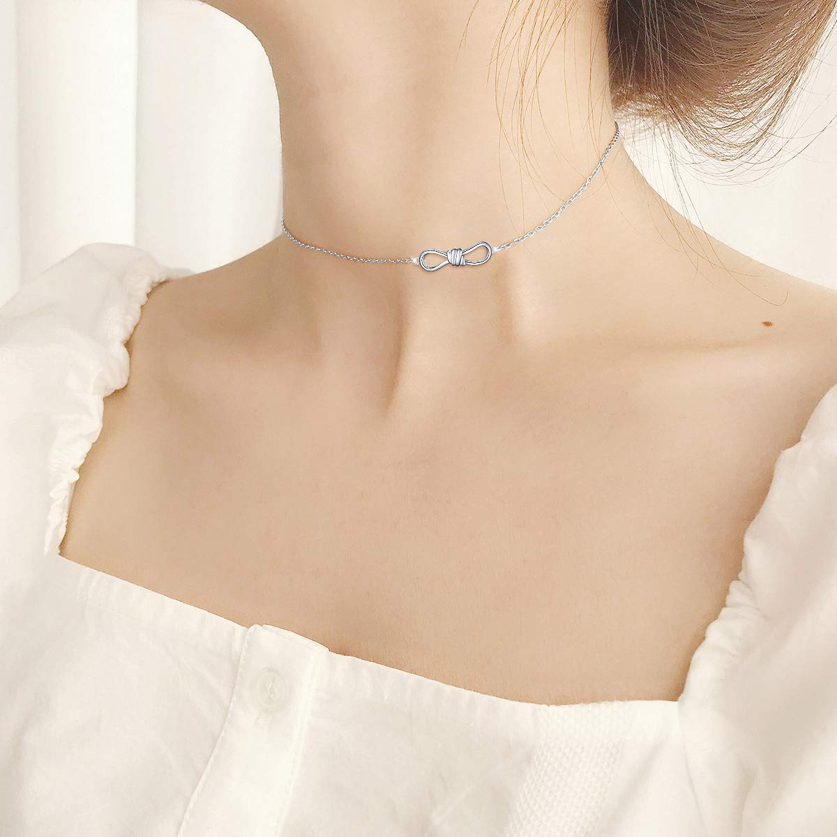 DAOCHONG S925 Sterling Silver Bow Knot Choker Short Dainty Necklace Pendant for Women Jewelry Gift