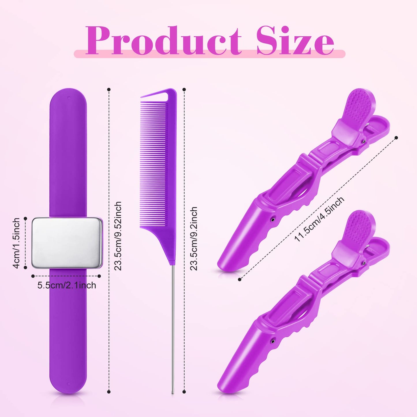 7 Pieces Hair Braiding Tools Magnetic Pin Wristband and 2 Pieces Stainless Steel Pintail Rat Tail Comb with 4 Wide Teeth Alligator Sectioning Hair Clip for Braid Tool Braid Maker(Purple)