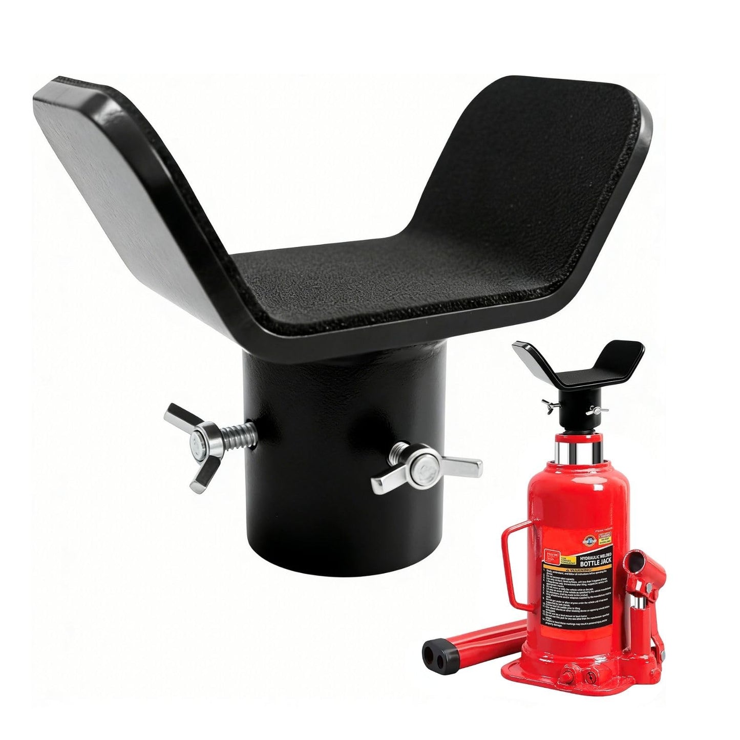 Adjustable Bottle Jack Adapter with Triple-Lock, Secure Wobble-Free Fit for 2T-12T Bottle Jacks, Heavy Duty 1/4" Steel Saddle for 3" & 4" Axle Tubes on RV, Truck, Trailer