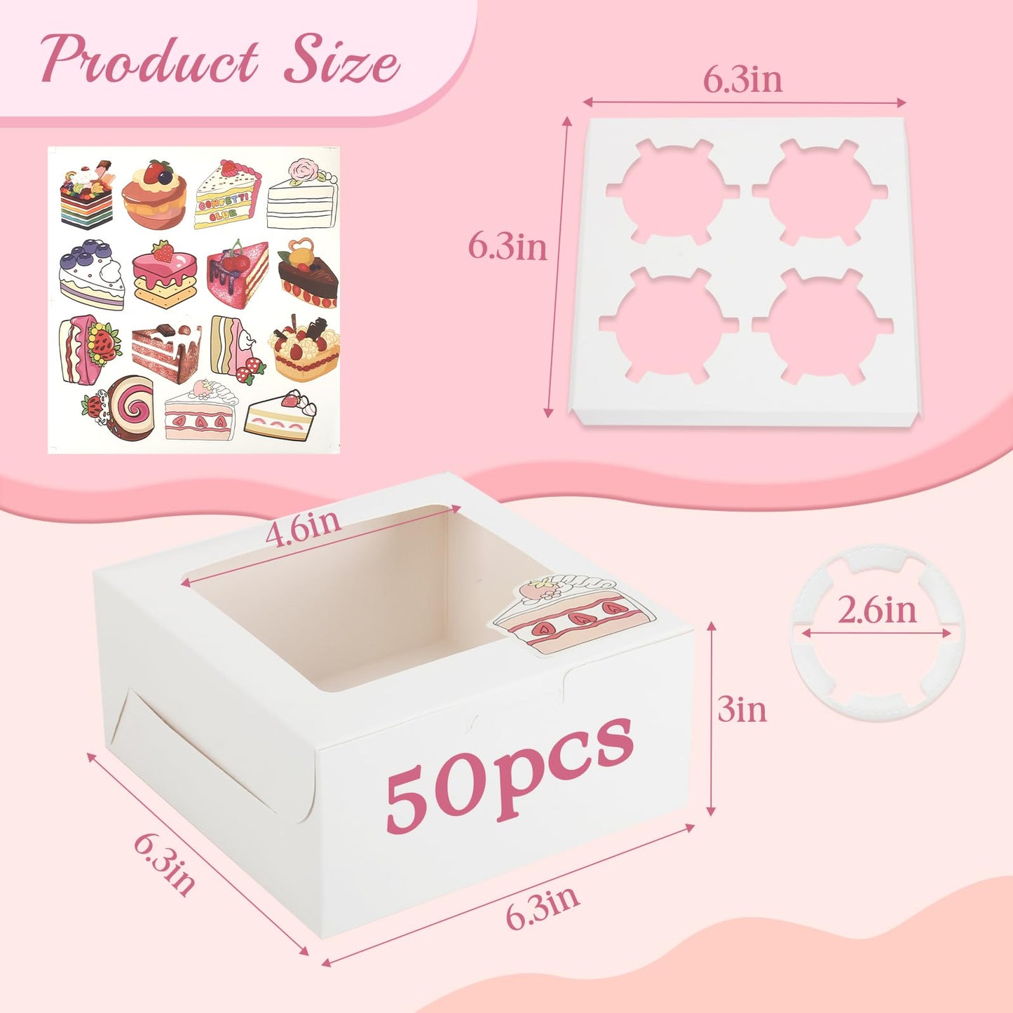 OAMCEG 50 Pack Cupcake Boxes with Window 6x6x3 Inches Cookie Boxes, Bakery Treat Boxes for Pastry, Desserts, Chocolate Strawberries, Cupcake Containers, Gift Giving with Stickers & Twine （White）