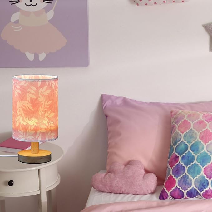 Fustylead Light Pink and White Leaves Bedside Table Lamps with USB Port for Bedroom Lamp Accent Table Lamp Small Nightstand Lamp Sturdy Linen Shade Wooden Decorative Lamps for Kids|Reading|Dorm|Home