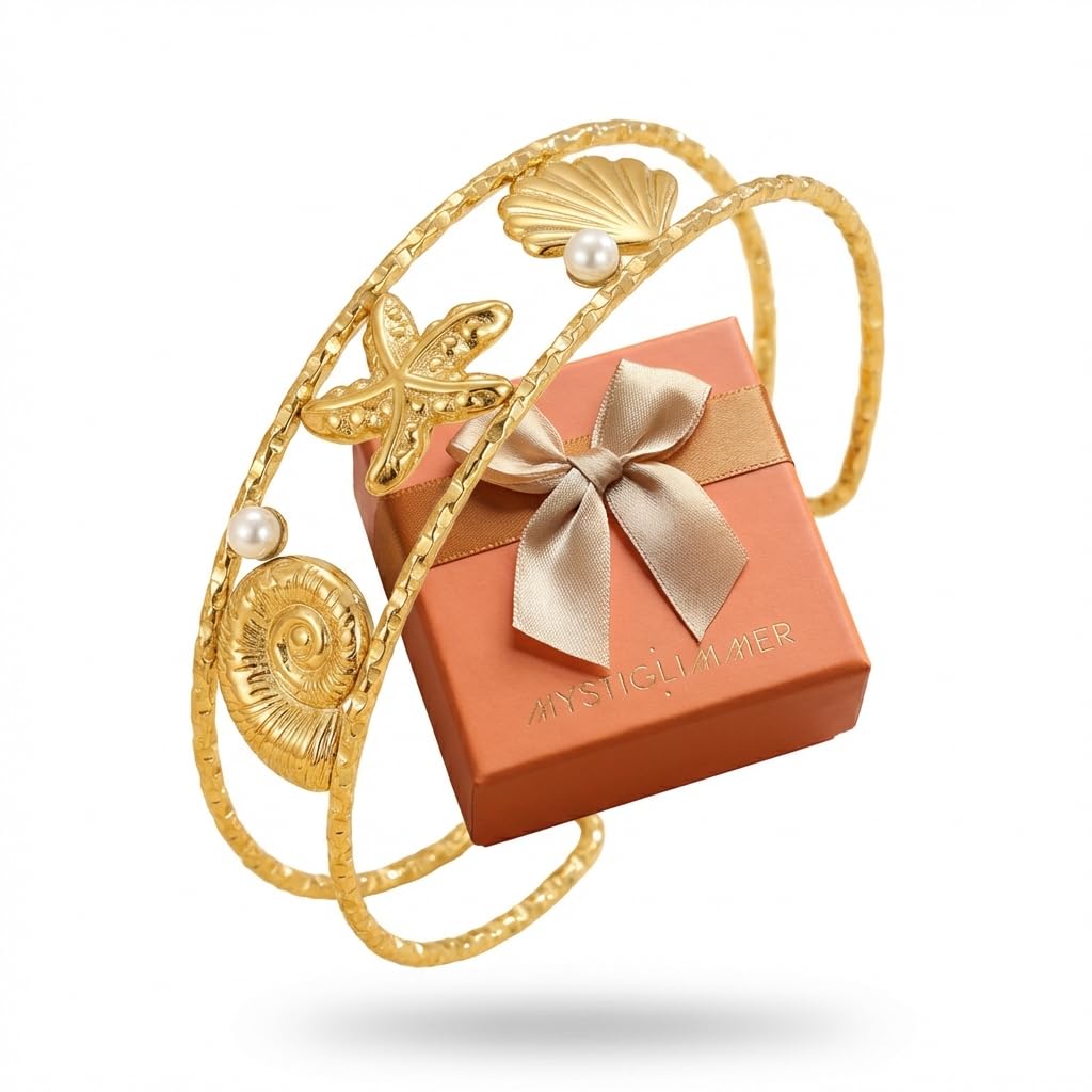 MystiGlimmer Starfish Bracelet with Luxury Gift Box 18K Gold Plated Stainless Steel, Adjustable Open Cuff, Waterproof & Hypoallergenic Jewelry Gift for Women (Seashell-Starfish2)