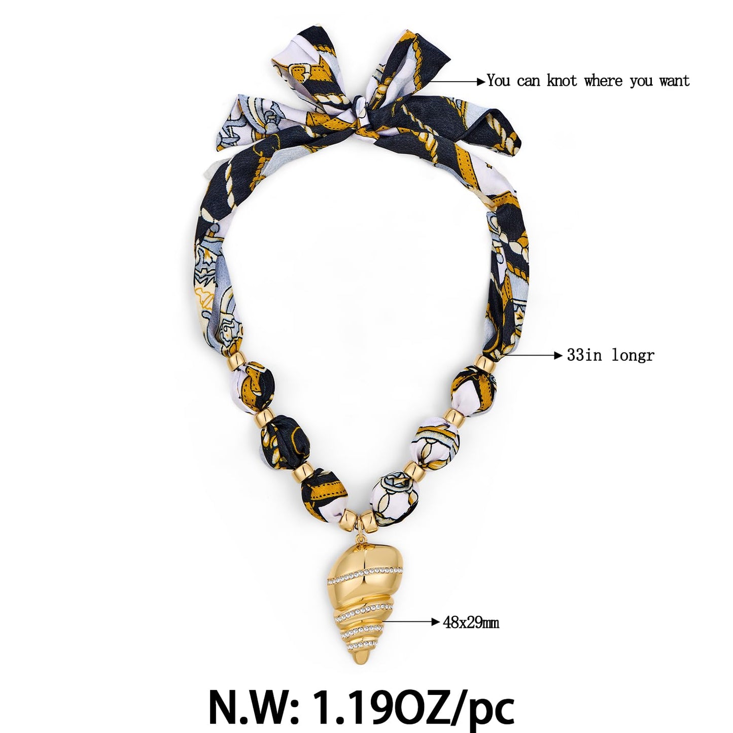 FAUTHENTICUTE Gold Conch Shell Pendant Necklace With Black Printed Ribbon Boho Silk Scarf Statement Necklace for Women Summer Beach Choker Necklaces