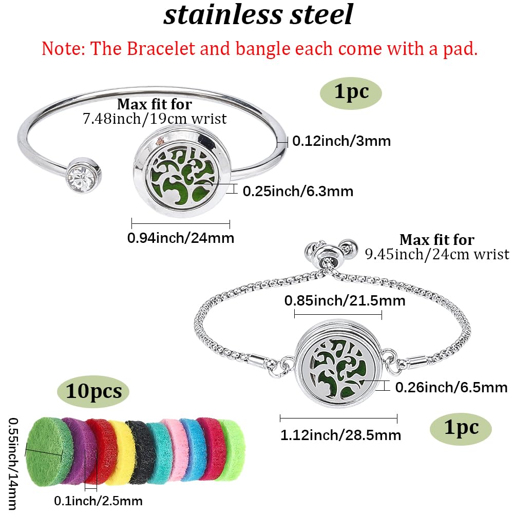 SUNNYCLUE 1 Box 2 Sets Tree of Life Essential Oil Bracelet Blank Bangles bulk with 10Pcs Refill Pads Stainless Steel Aromatherapy Diffuser Locket Adjustable Band Jewelry for Women Birthday Gifts Adult
