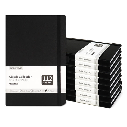 KODAPAGE Black A5 Liend Journal Notebook, 7mm College Ruled Notepad, Journaling for Writing, Work, School, Travel and Note Taking, Hardcover 224 Pages (112 Sheets) 5.5 x 8.3 inches (8 Pack)