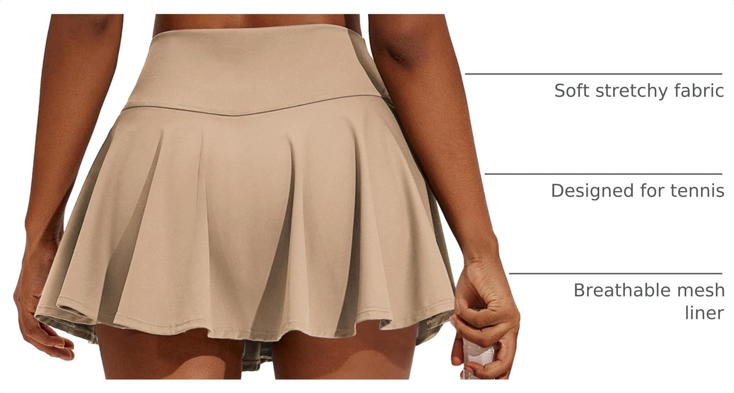 PINSPARK Women's Flowy Tennis Skorts with Built in Shorts Pleated Mini Skirt Tummy Control Golf Skirts Quick Dry Khaki L
