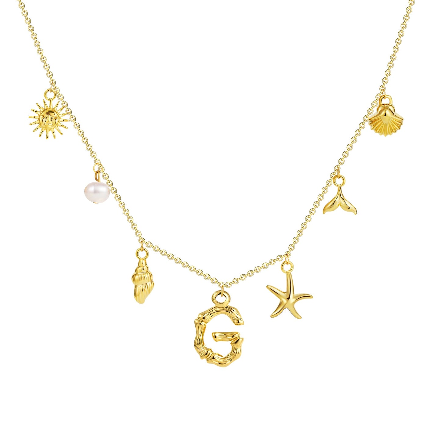 SLOONG Initial Charm Necklace 14K Gold Plated Letter Neckalce Freshwater Pearl Necklace Choker Boho Summer Seashell Beach Starfish Surfer Jewelry Gifts for Women G
