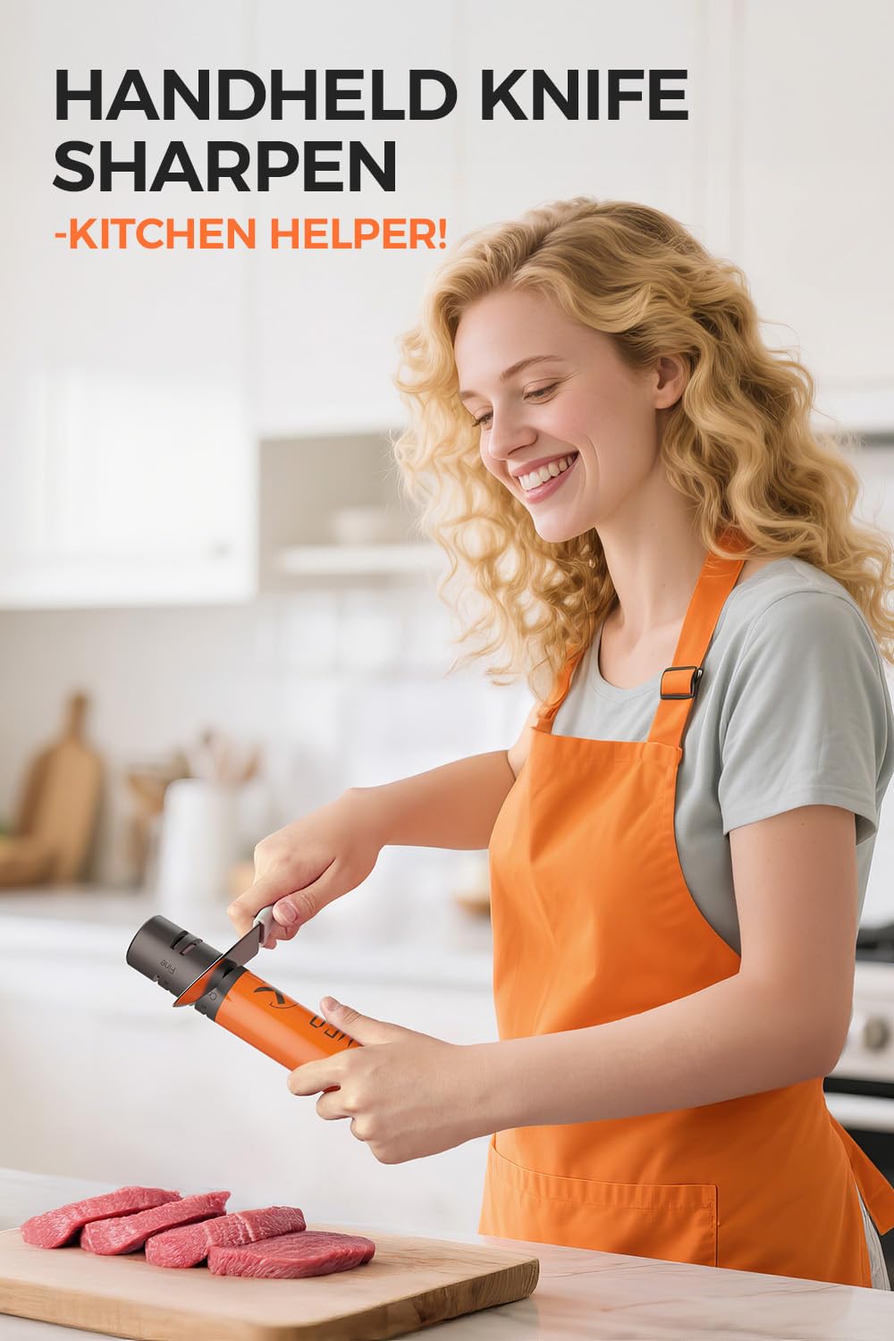 LEFUGO Electric Knife Sharpener, 3 Speed Max 7000RPM Handheld Sharpener for Kitchen Knives, Electric Knife Sharpening Tool of Portable Cordless Rechargeable 2000mAh (Orange)