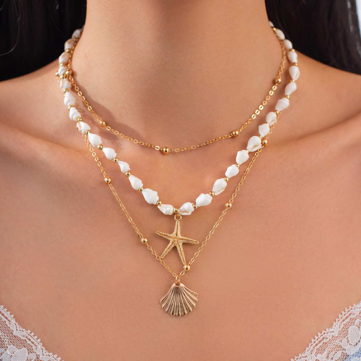 SRUCVOU Layered Shells Starfish Scallop Pendant Necklace For Women Coastal Beach Holiday Beaded Chain Necklace Gold Tone Ocean Style Vacation Jewelry (Gold)