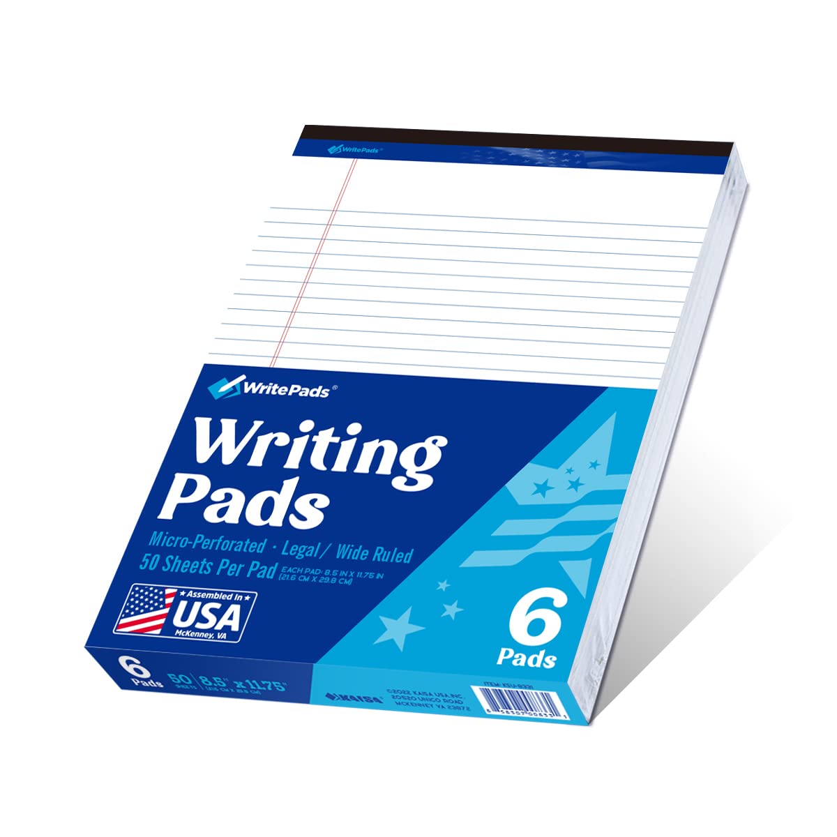 6 Pack Legal Note Pads Wide Ruled 8.5" x 11" Writing Pads (50 Sheets/Pad) White Recycled Paper Micro-Perforated Notepad Hard Back Notepads for Office & School Supplies - Made in USA