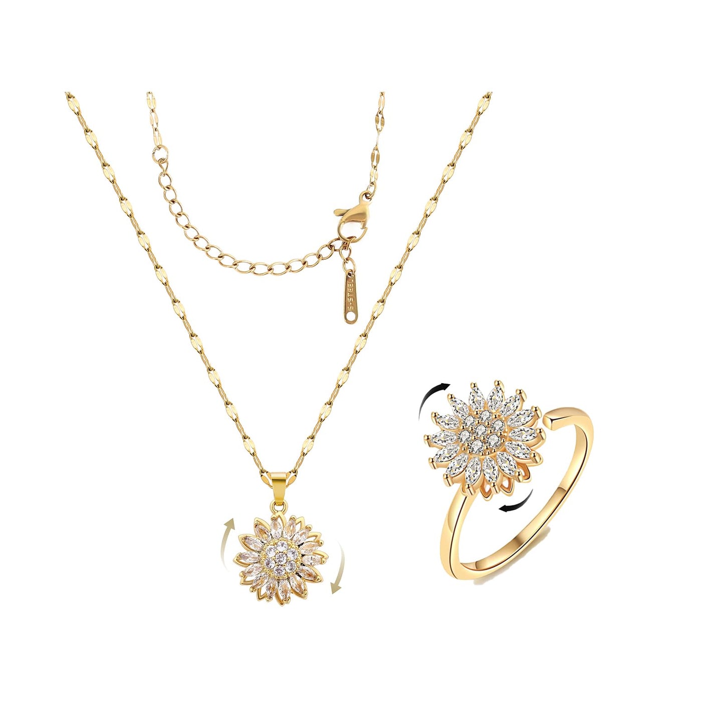 KONPJE Sunflower Fidget Necklace for Women Gold Moon Necklace Rotating Heart Necklaces Spinning Crystal Sunflower Anxiety Necklaces Crescent Moons Jewelry Accessories (Set2)