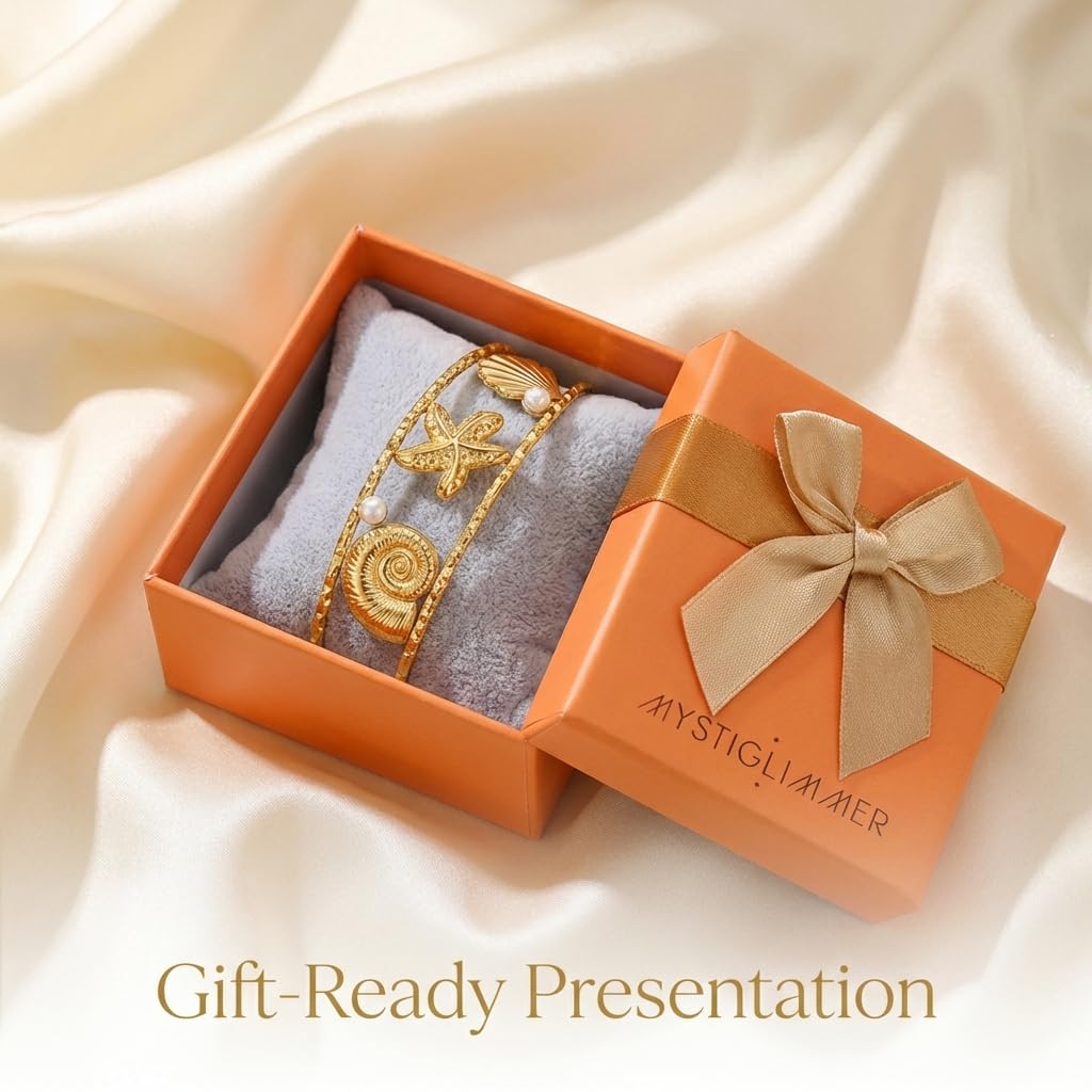 MystiGlimmer Starfish Bracelet with Luxury Gift Box 18K Gold Plated Stainless Steel, Adjustable Open Cuff, Waterproof & Hypoallergenic Jewelry Gift for Women (Seashell-Starfish2)