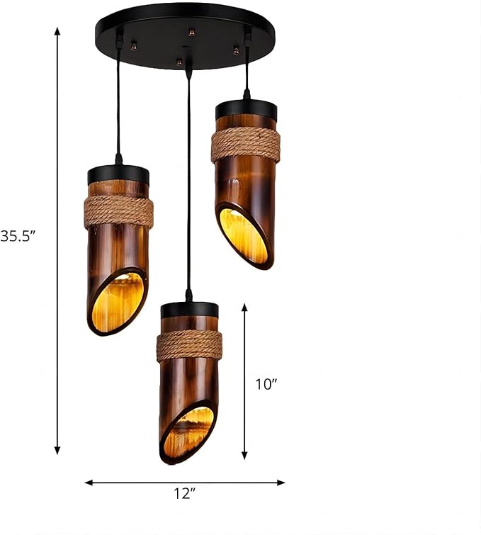 LIGHTLAND Rustic Bamboo Pendant Lights, 12 Inch, 3-Pack for Dining Room, Zen Tea Room, Retro Style