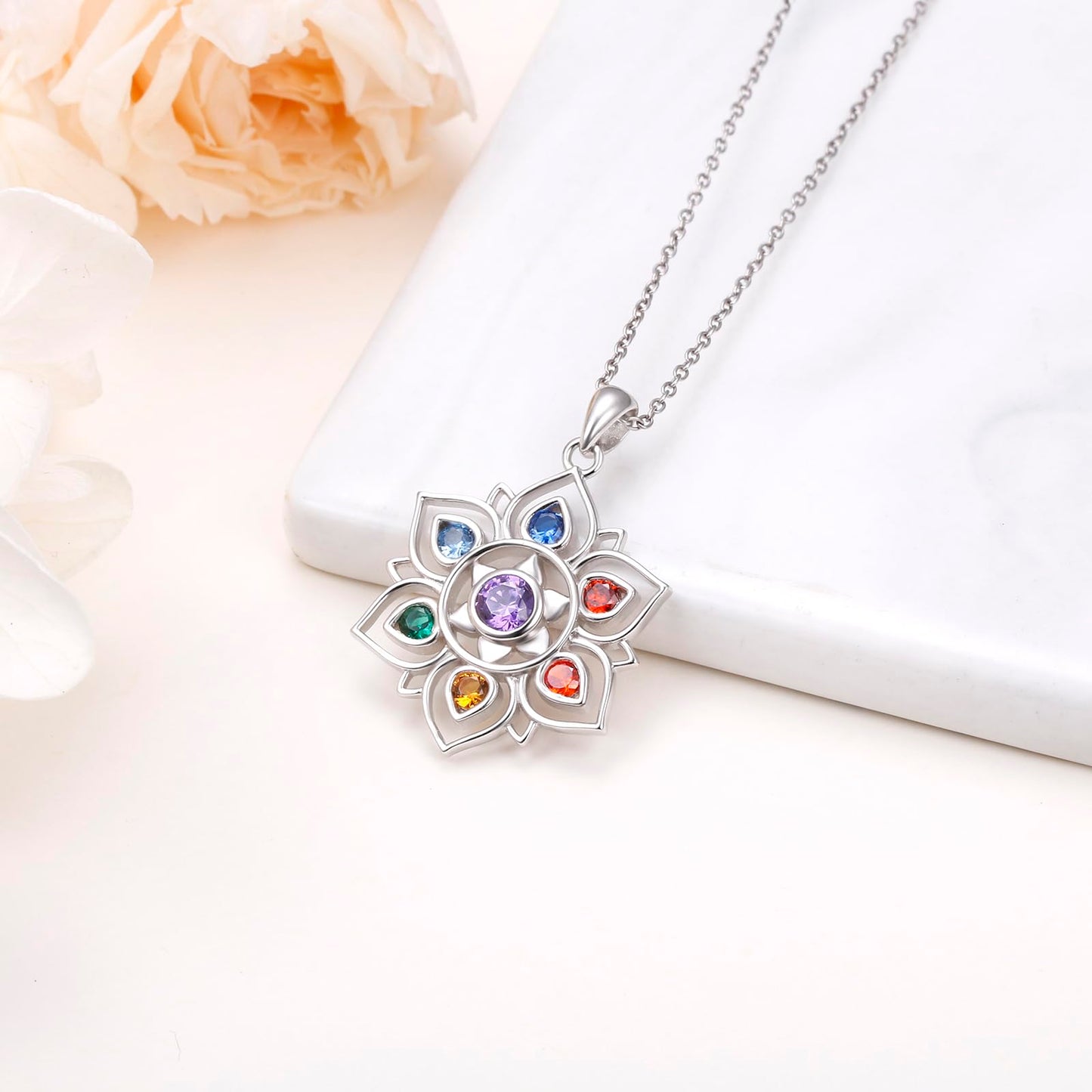 FLYOW 925 Sterling Silver 7 Chakras Lotus Necklace, Rainbow Stones Yoga Pendant for Energy Balance, Spiritual Healing Jewelry for Anxiety Stress Relief Meditation