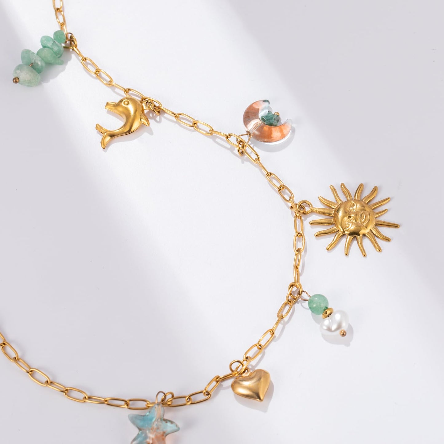 Chunky Gold Necklace Statement Boho Beach Ocean Summer Stainless Steel Jewelry Shell Starfish Turquoise Dolphin Pearl Sun Flower Wave Heart Fish Charm Choker Necklaces for Women(Sun Smile)