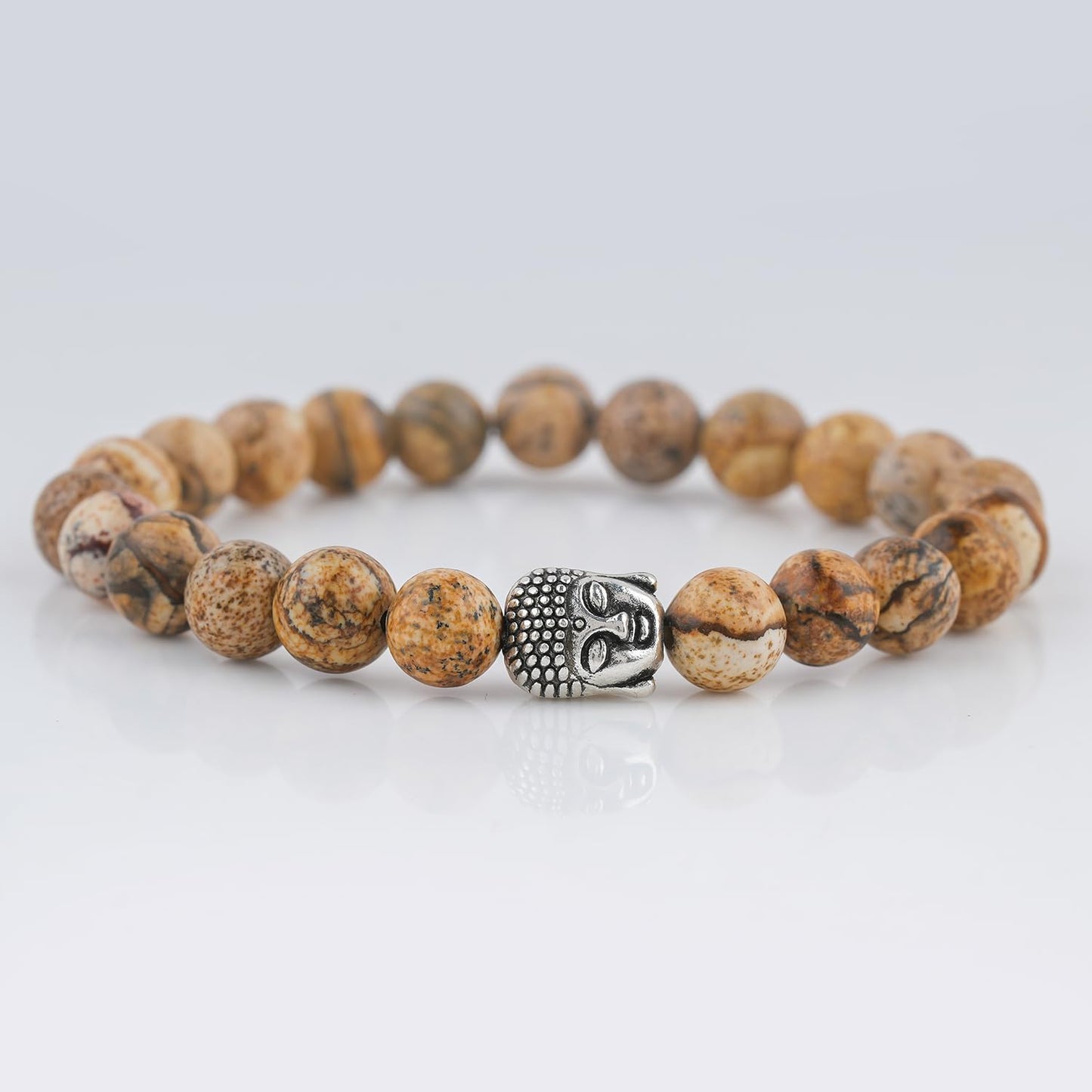 CRYSTALINES Buddha Charm Stretchable Braceclet, Natural Picture Jasper Gemstone Beads, Plain Round Stones, Handmade Boho Strech Bracelet, Adjustable Spiritual Healing Crystal Unisex Jewelry Gift