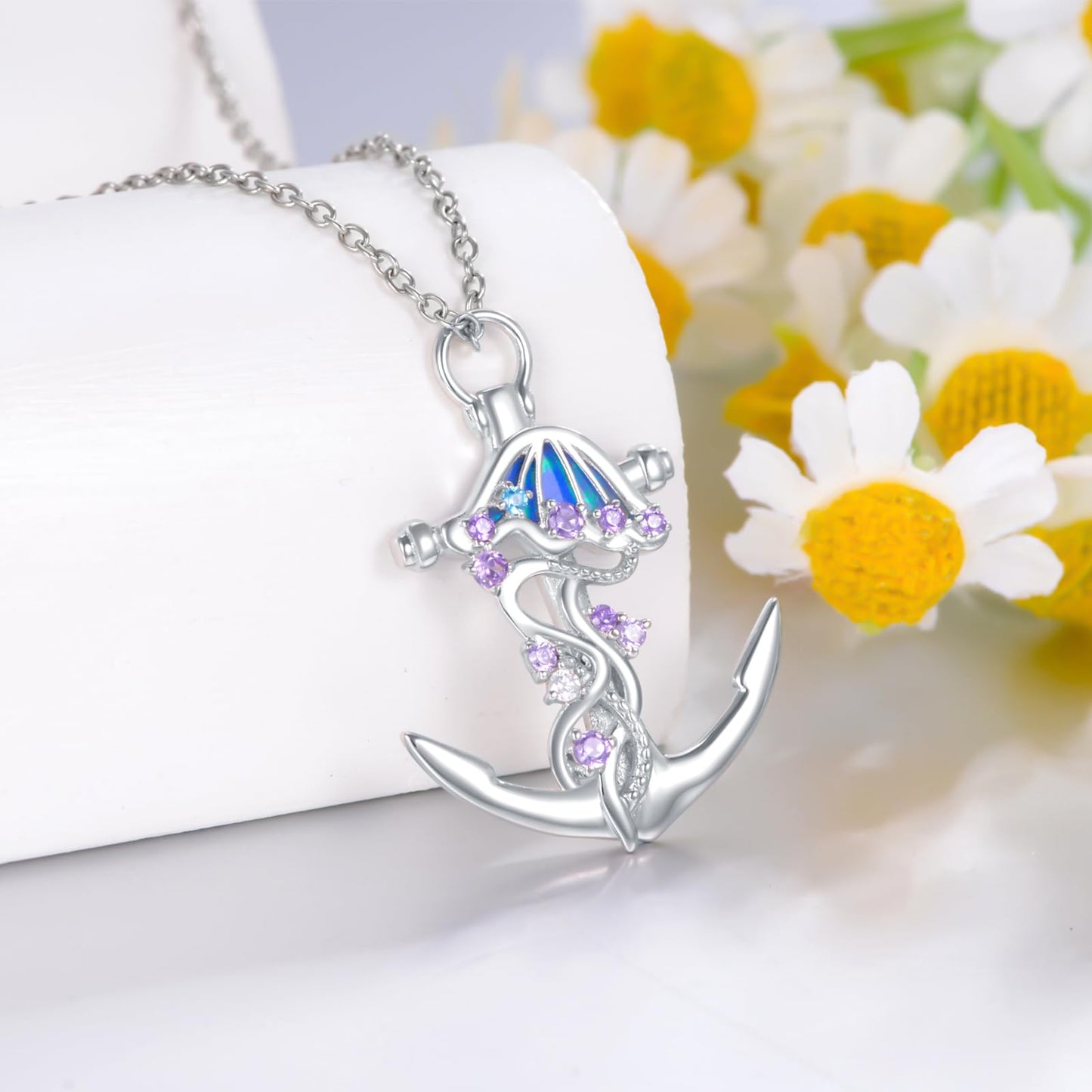 KoyeKei Jellyfish Necklace for Women 925 Sterling Silver Anchor Necklaces Jellyfish Nautical Pendant with Blue Opal Jewelry Christmas Graduation Gifts for Lover Her Mom Girlfriend