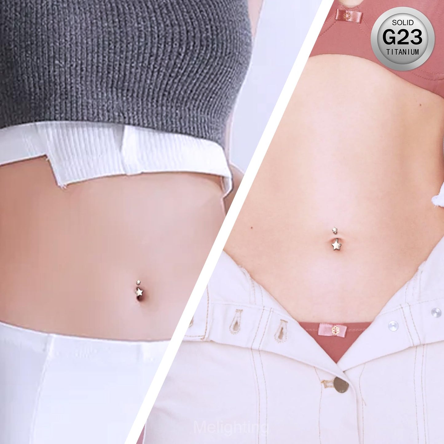 Melighting Titanium Belly Button Ring 14G Star Belly Ring Internally Threaded G23 Titanium Belly Piercing Hoop Navel Barbell Body Piercing Jewelry