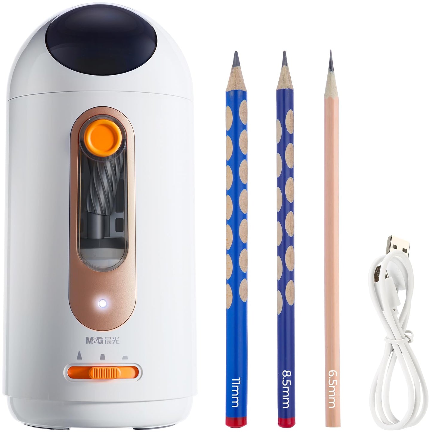 M&G Electric Pencil Sharpener for Colored Pencils 6.5-11mm, Fully Automatic Astronaut Design Pencil Sharpener, Auto In & Out Hands-Free, Rechargeable USB/Battery Operated, Home Classroom Office, White