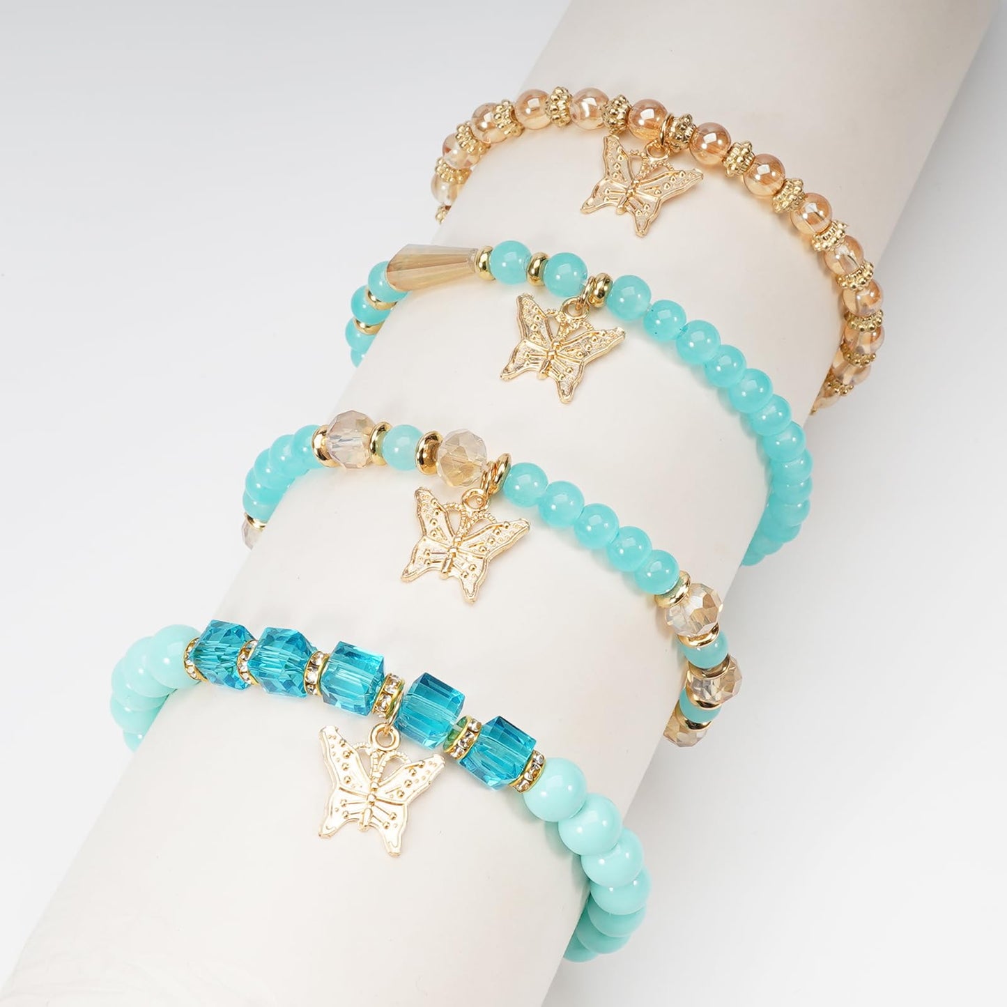 Briutn Bohemian Stackable Beaded Bracelets for Women 4 Layer Blue Gold Butterfly Charm Stretch Bracelet Boho Jewelry Gift