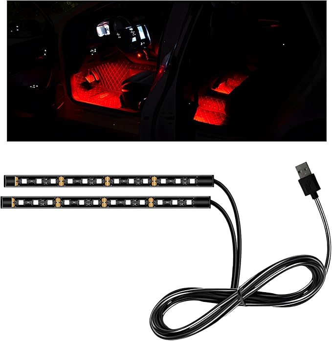 Car LED Strip Light, 12V 24 LEDs Auto Interior Atmosphere Lamp with USB Port, Vehicle Under Dash Ambient Neon Night Light Decorative Strip, Universal Car Accessories (Red)