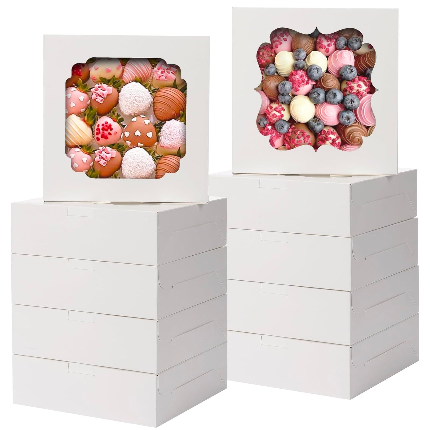 TOMNK 60pcs Cookie Boxes, 8x8x2.5 Inches Bakery Boxes with 2 Style Windows for Chocolate Strawberries, Pie, Pastry, Dessert, Cake, Birthday Party, Mother's Day, Weddings