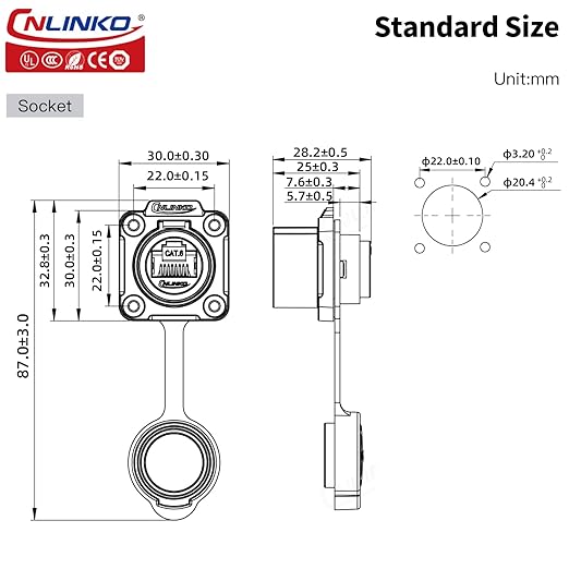 CNLINKO LP-20 RJ45 Panel Mount Socket, CAT6 Ethernet Connector RJ45 4-Hole Socket IP68 M20 Waterproof Connector (Black RJ45 4-Hole Socket)