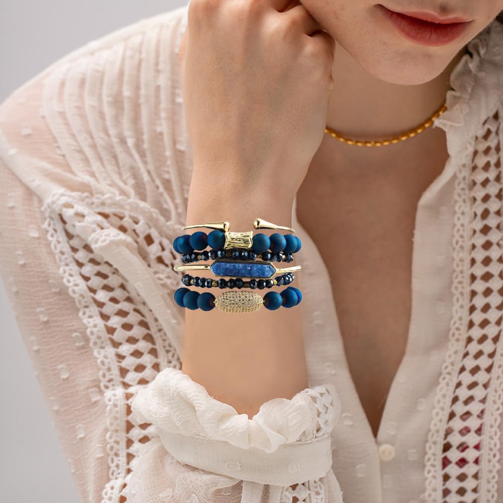 Yomisa Boho Beaded Bracelets/Bangle for Women,Multilayer Wrap 6PCS Healing Natural Jasper Crystal Bead Bracelets Stackable Friendship Stretch Beaded Bracelet Set Trendy Bohemian Jewelry Gift,Blue