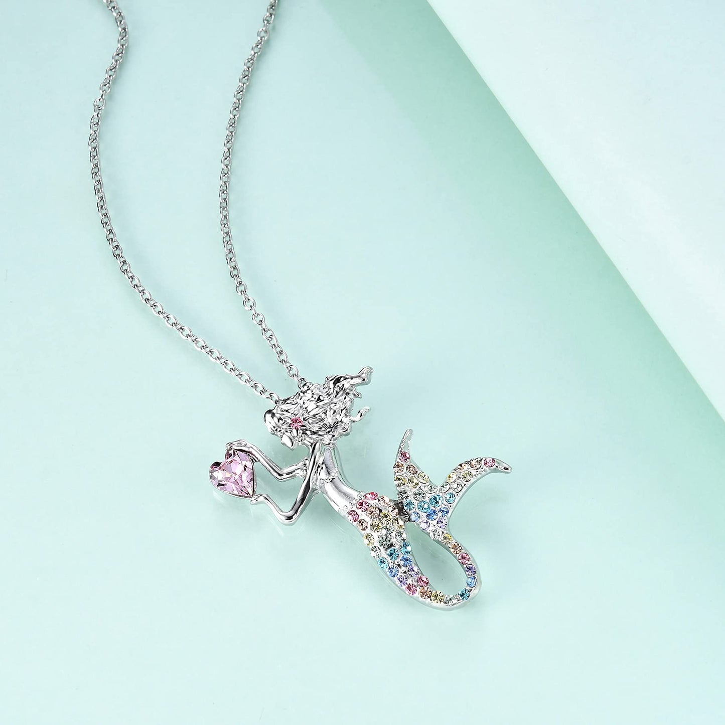 luomart Fashion Mermaid Birthstone Necklace Jewelry White Gold Plated Austrian Crystal Pendant Gift for Girls Women (Rainbow)