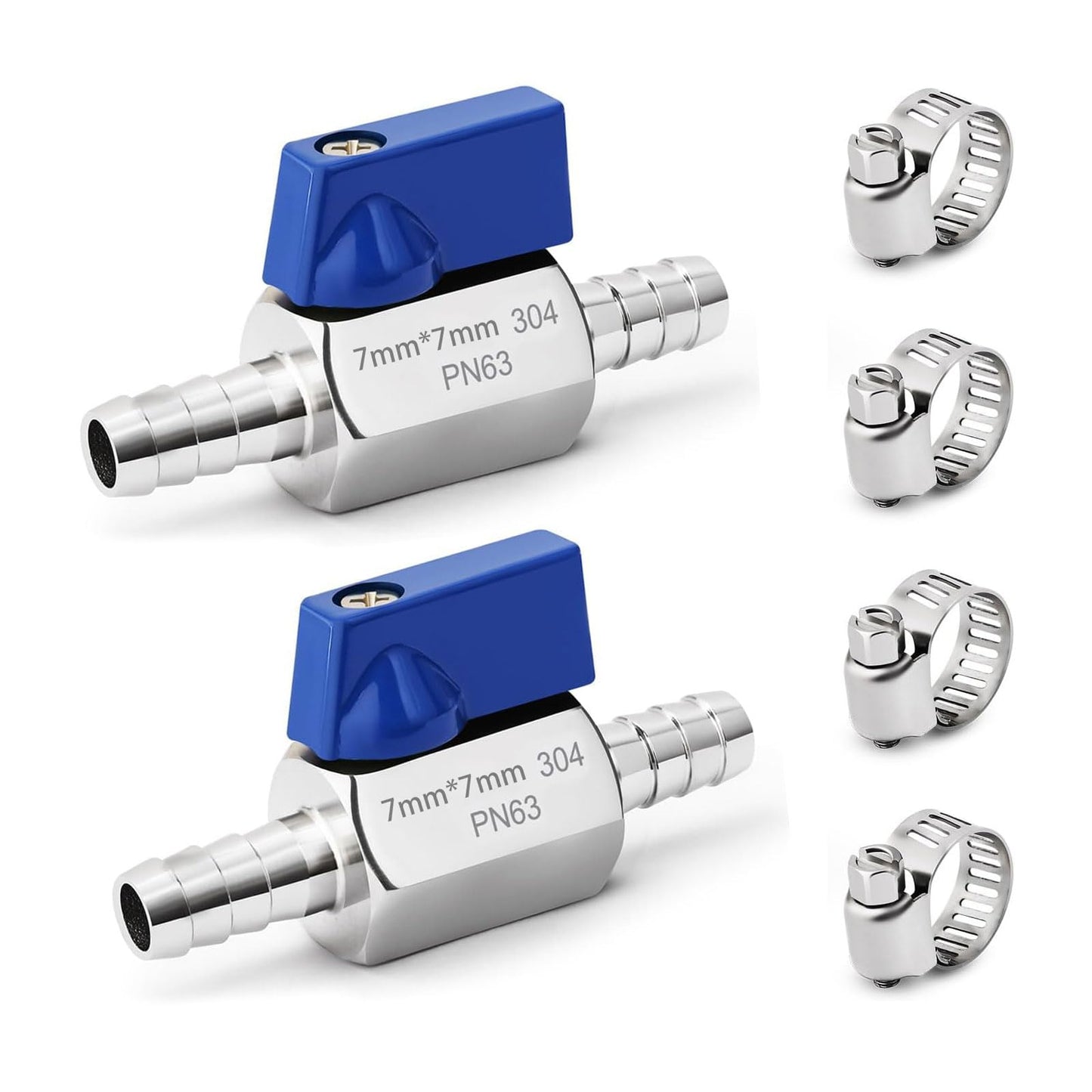 SKLSSVF 2 Pack 1/4" Hose ID Barb Mini Ball Valve, 304 Stainless Steel Small Shut Off Valve with Clamps Kit for Water Oil Gas (1/4 Inch)