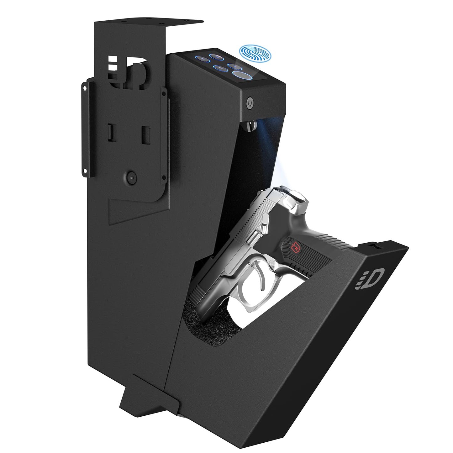 Urban Deco Gun Safe for Handgun Drop Down,Quick Access Pistol Safe Mounted Single Biometric Safes For Nightstand, Desk, Bedside,Vehicle Handgun Safe Auto Open - With Fingerprint, Pin Code, Key Access