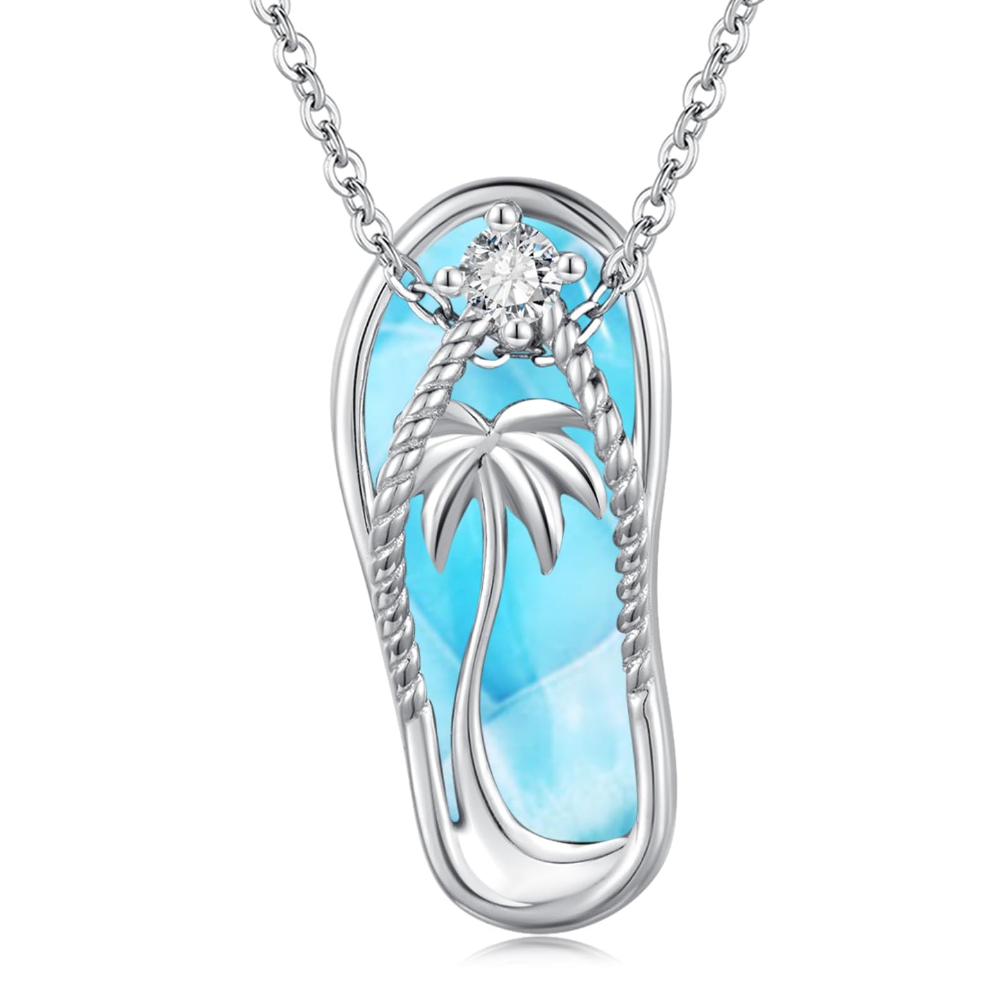 Midir&Etain Larimar Summer Vacation Necklace 925 Sterling Silver Flip Flops Hawaii Pendant Beachy Blue Necklace Coastal Natural Stone Jewelry for Women Prime