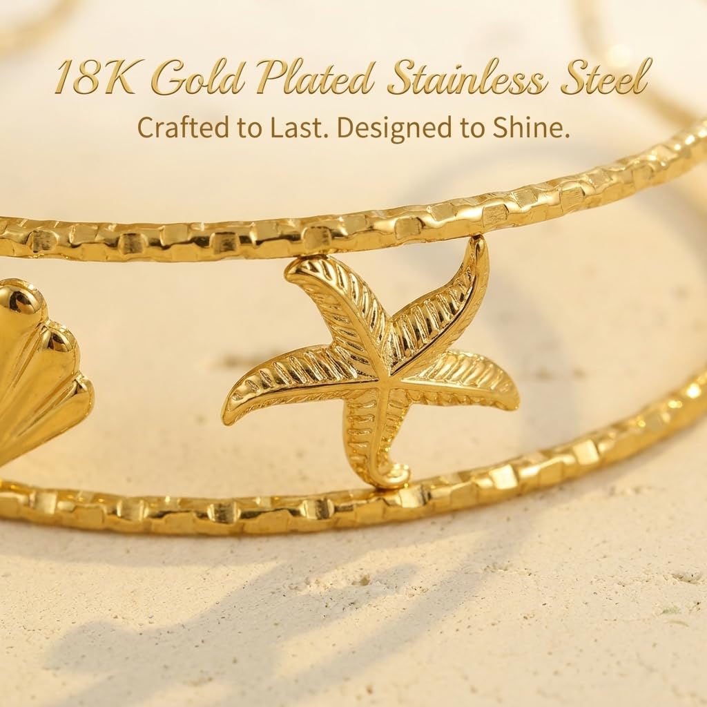 MystiGlimmer Starfish Bracelet with Luxury Gift Box 18K Gold Plated Stainless Steel, Adjustable Open Cuff, Waterproof & Hypoallergenic Jewelry Gift for Women (Seashell-Starfish3)