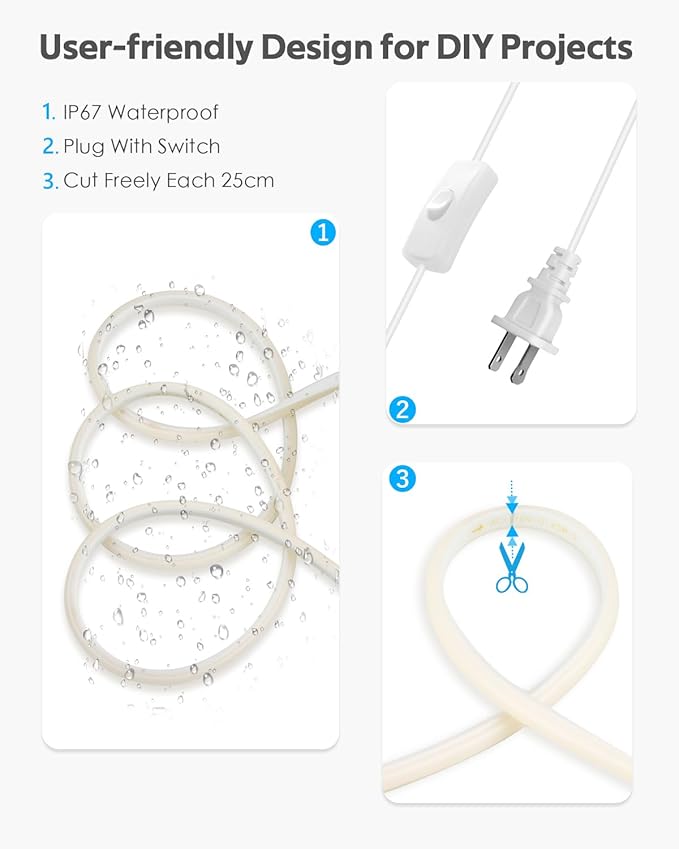 20FT COB LED Strip Light 3000K Warm White AC110V-120V LED Rope Lights Outdoor Waterproof IP65 High Density 288LEDs/M Flexible LED Light Strip with Switch for Garden Bedroom Indoor 6M