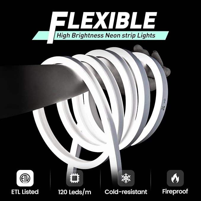 GZBtech Flexible LED Neon Rope Lights 100FT,AC 110-120V Waterproof Strip Light, 120 LEDs/M Cuttable Connectable Neon Lighting for Indoor Outdoor Home Decor/Commercial Use-Cold White 30M, ETL Listed