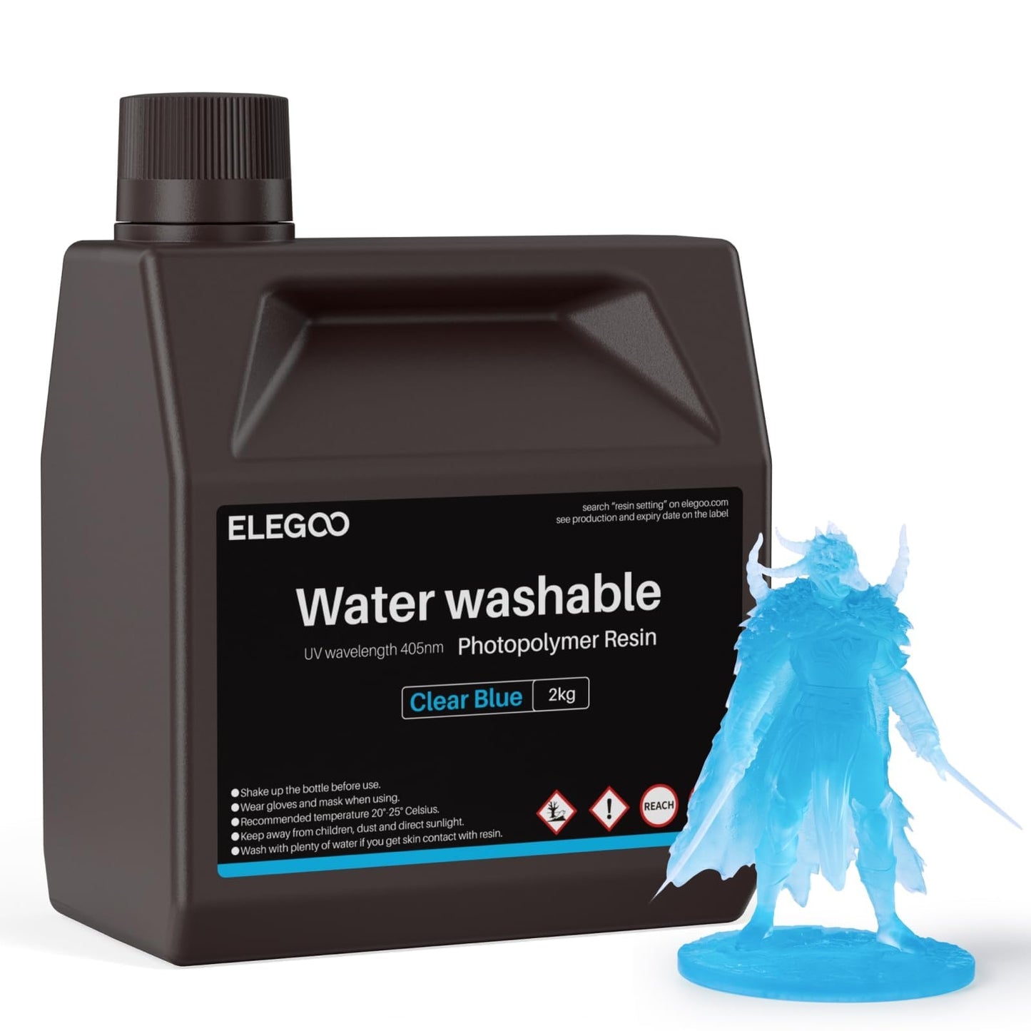 ELEGOO Water Washable 3D Printer Resin LCD UV-Curing Resin 405nm Standard Photopolymer Resin for Mars Saturn Jupiter MSLA DLP LCD 3D Printing 2000Gram Clear Blue