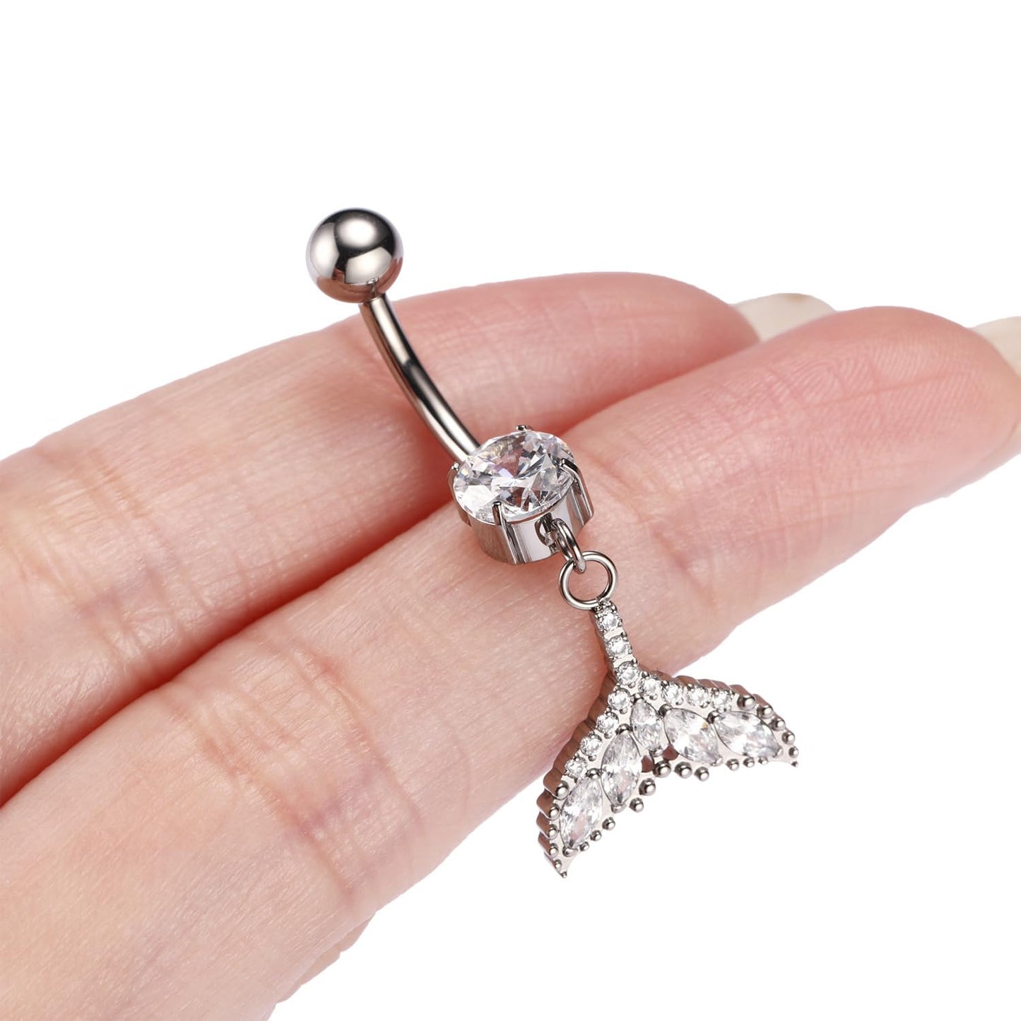 PEAKLINK Dangle Belly Jewelry 14G Internally Threaded Navel Piercing Silver Belly Button Ring 10mm for Women Titanium Curved Barbell with Fishtail CZ Navel Belly Bars