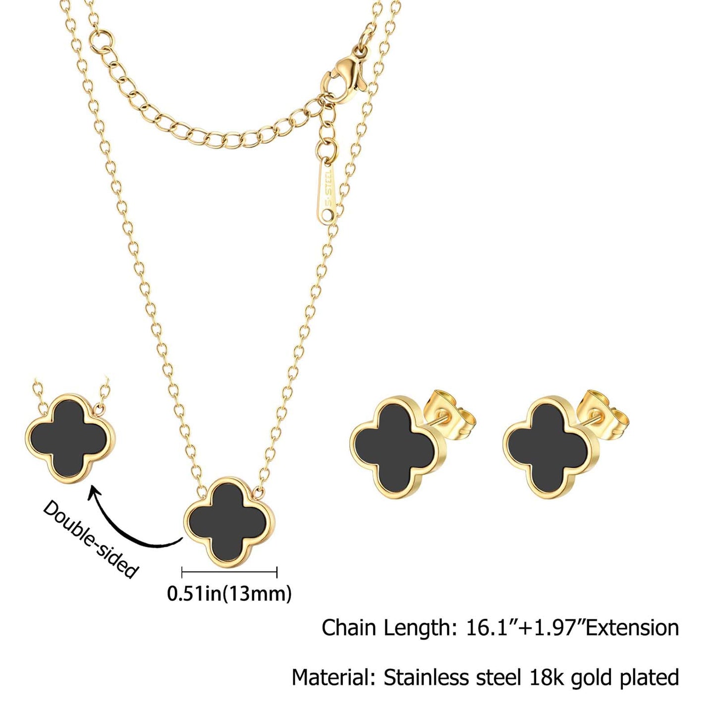 KYJAC Clover Jewelry Set - 18k Gold Plated Pendant Necklace and Stud Earrings - White, Black, Red Four Leaf Clover Design - Gifts for Women (Gold Black Set)