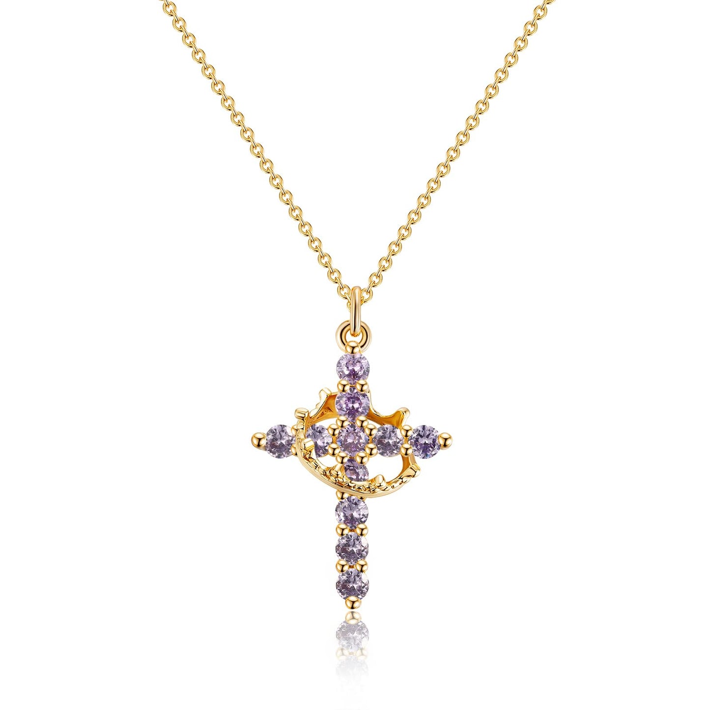 Robaice Birthstone Crown Cross Necklace for Women, Gold-Plated Christian Faith Necklace, Cross Jewelry Gift for Women, June Purple Alexandrite Gift
