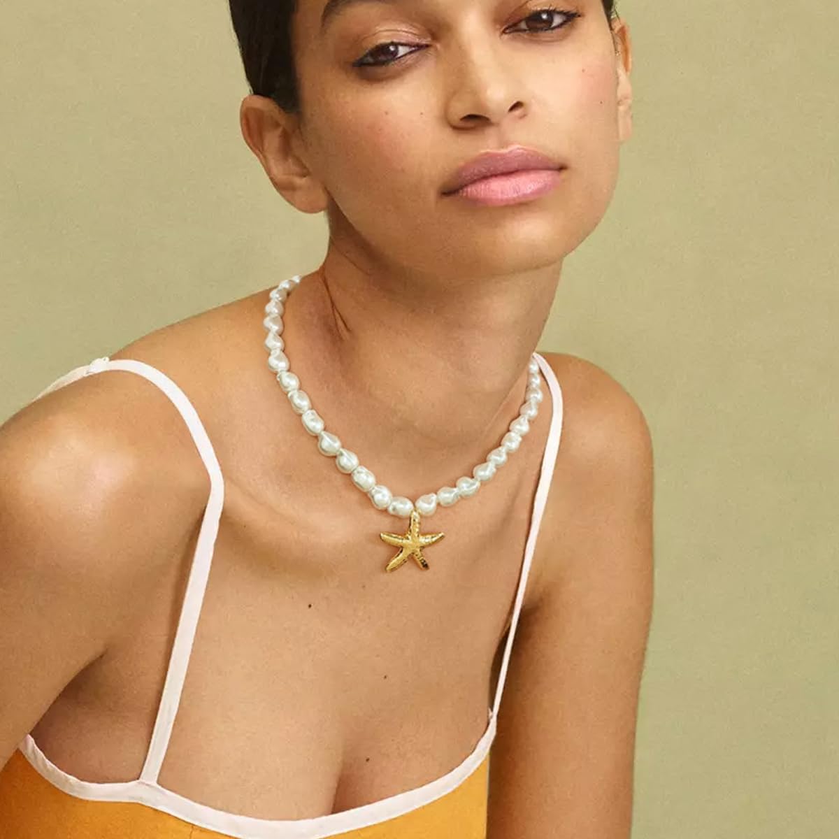 INNERDIVA Starfish Necklace for Women, Gold-Plated Pendant with White Baroque Pearl Beads Adjustable Beach Necklace Summer Coastal Jewelry Gifts