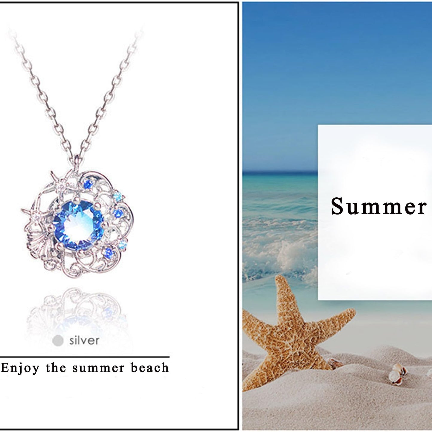 Crystal Shell Necklace for Women Gold Silver Gemstone Sea Beach Necklace Rhinestone Starfish Wave Pendant Necklace Adjustable Ruby Sapphire Necklace Spring Summer Beach Jewelry Accessories (summer)