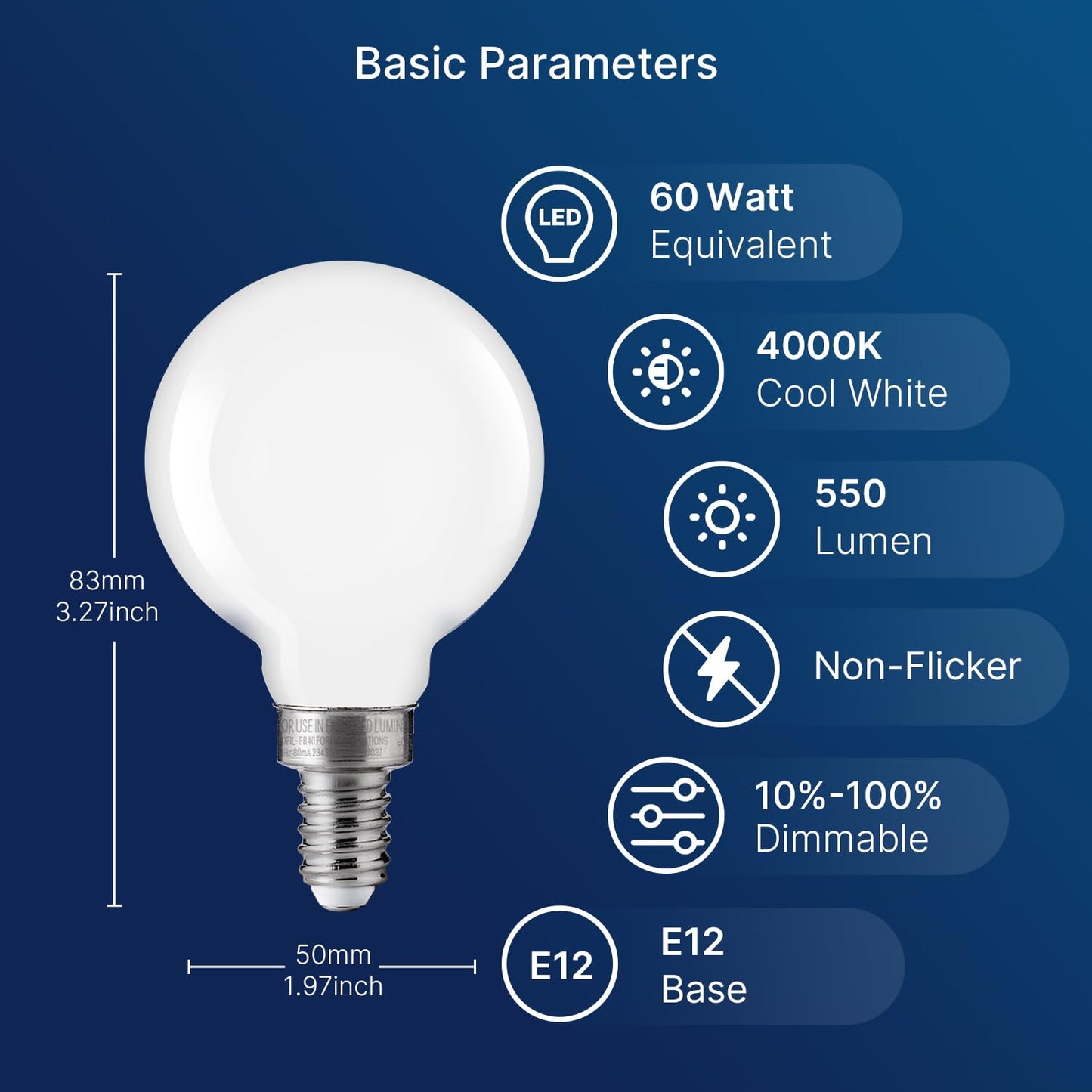 FLSNT 4000K Cool White LED Candelabra Bulbs 60W Equivalent, G16 1/2 Dimmable LED E12 Globe Vanity Light Bulbs, 550LM, CRI90, 5.5W, AC 120V, 12 Pack
