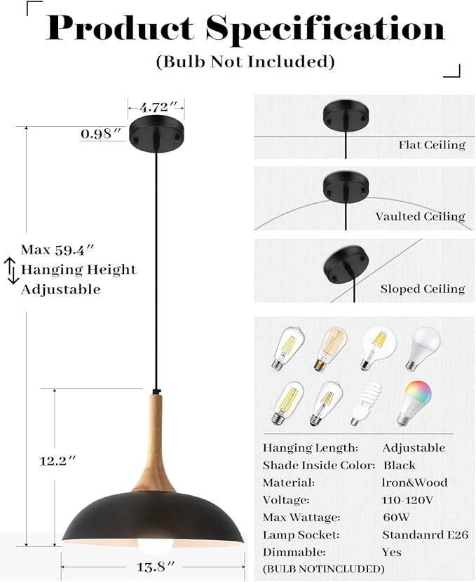 Black and Wood Pendant Lights Kitchen Island, 3 Packs Modern Black Pendant Light, 13.8 inch Wood Pendant Light for Kitchen, Dining Room, Living Room