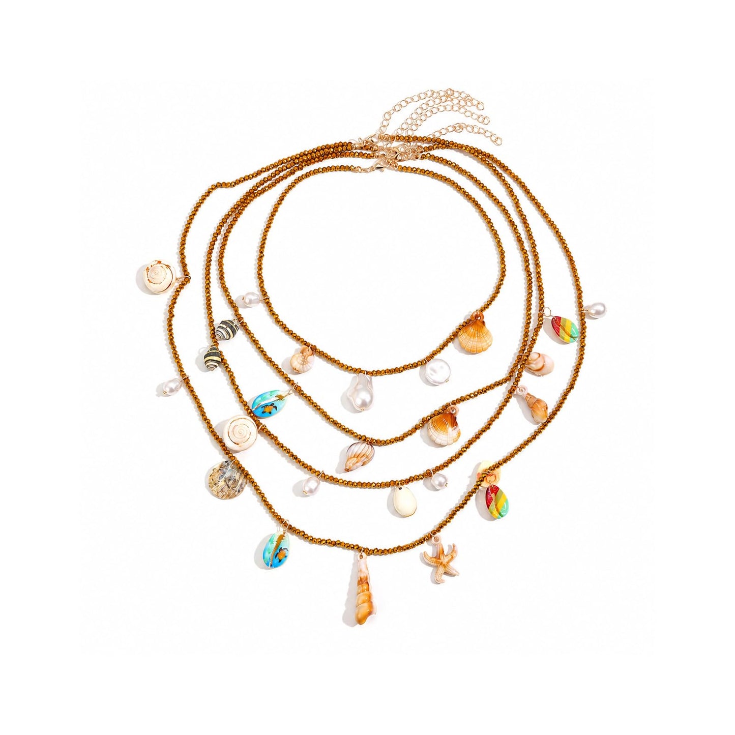 Boho Seashell Necklace For Women, Handmade Multi Layer Beaded Shell Starfish Conch Pearl Charm Pendant Necklaces Summer Beach Fashion Gifts Jewelry (4Pcs Gold)